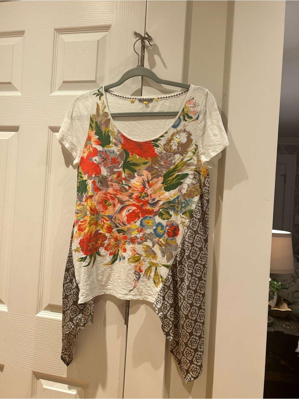 Anthropologie White Floral Scoop-Neck Tunic with Brown Patterned Side Panels
